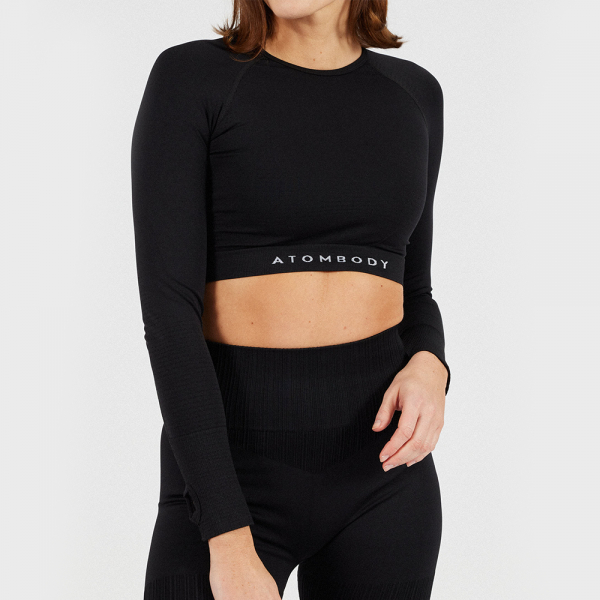 ATOMBODY Seamless Langarm-Crop Top für Frauen, Schwarz